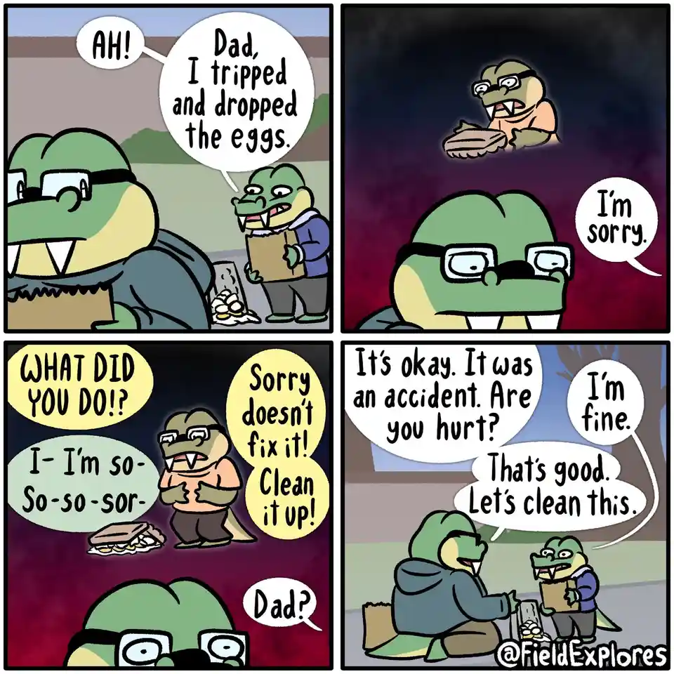 A four-panel comic strip featuring anthropomorphic crocodiles. In the first panel, a young crocodile nervously tells his dad…