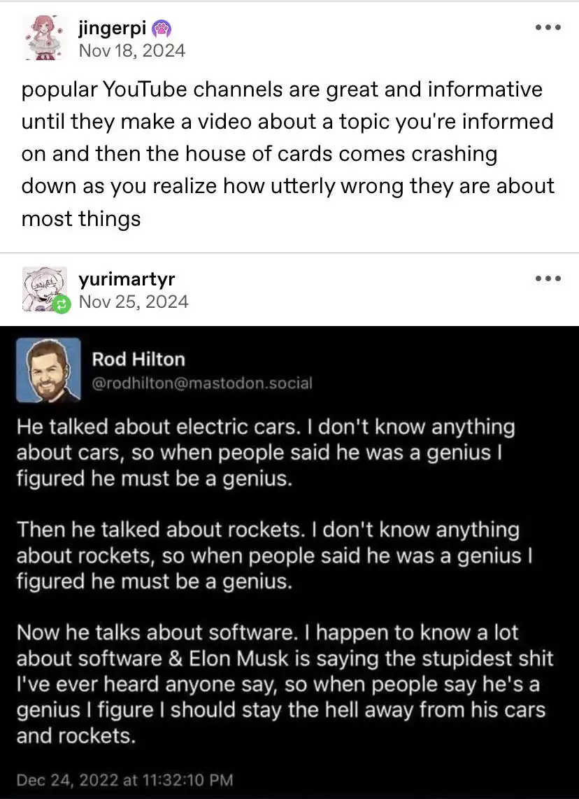 A screenshot of a Mastodon post by Rod Hilton, where he humorously explains his growing skepticism about a person's supposed…