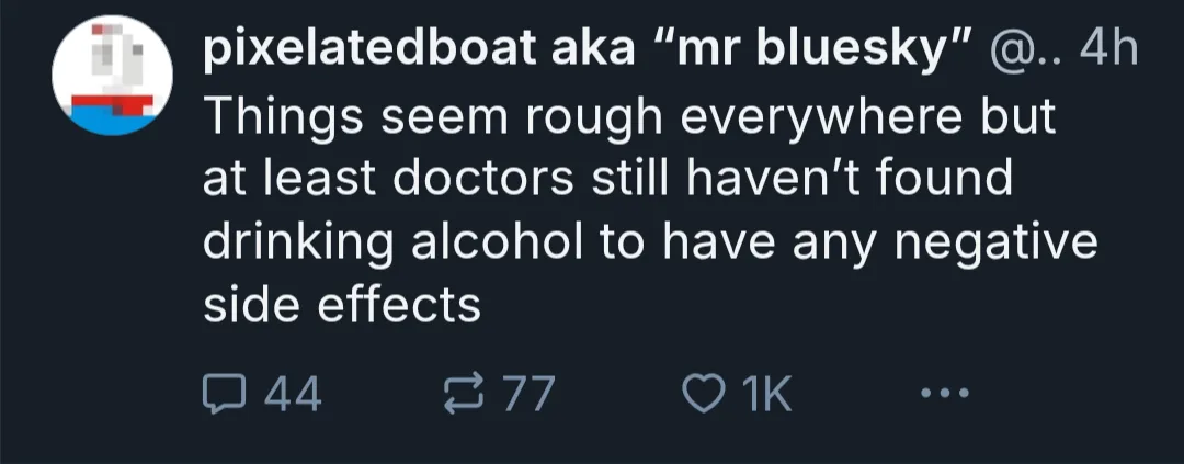A screenshot of a social media post by 'pixelatedboat aka "mr bluesky"' with a dark background and white text. The post…