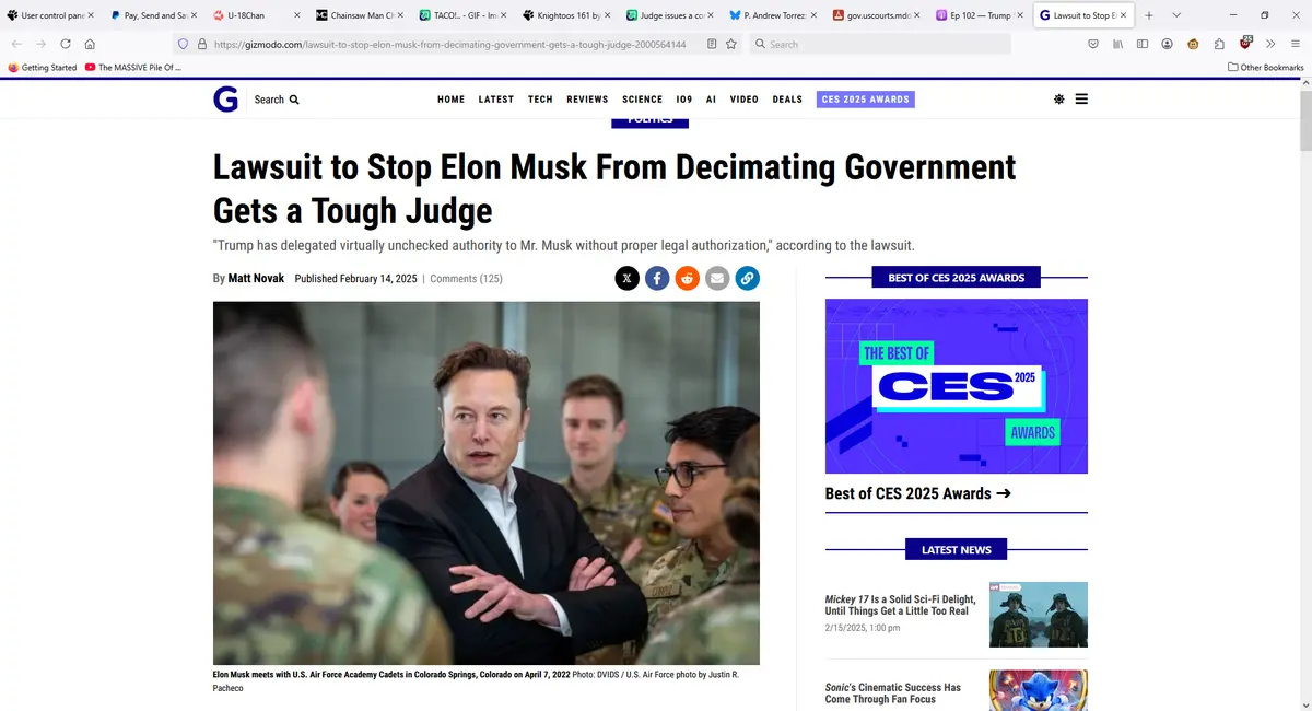 A screenshot of a Gizmodo news article titled 'Lawsuit to Stop Elon Musk From Decimating Government Gets a Tough Judge,'…