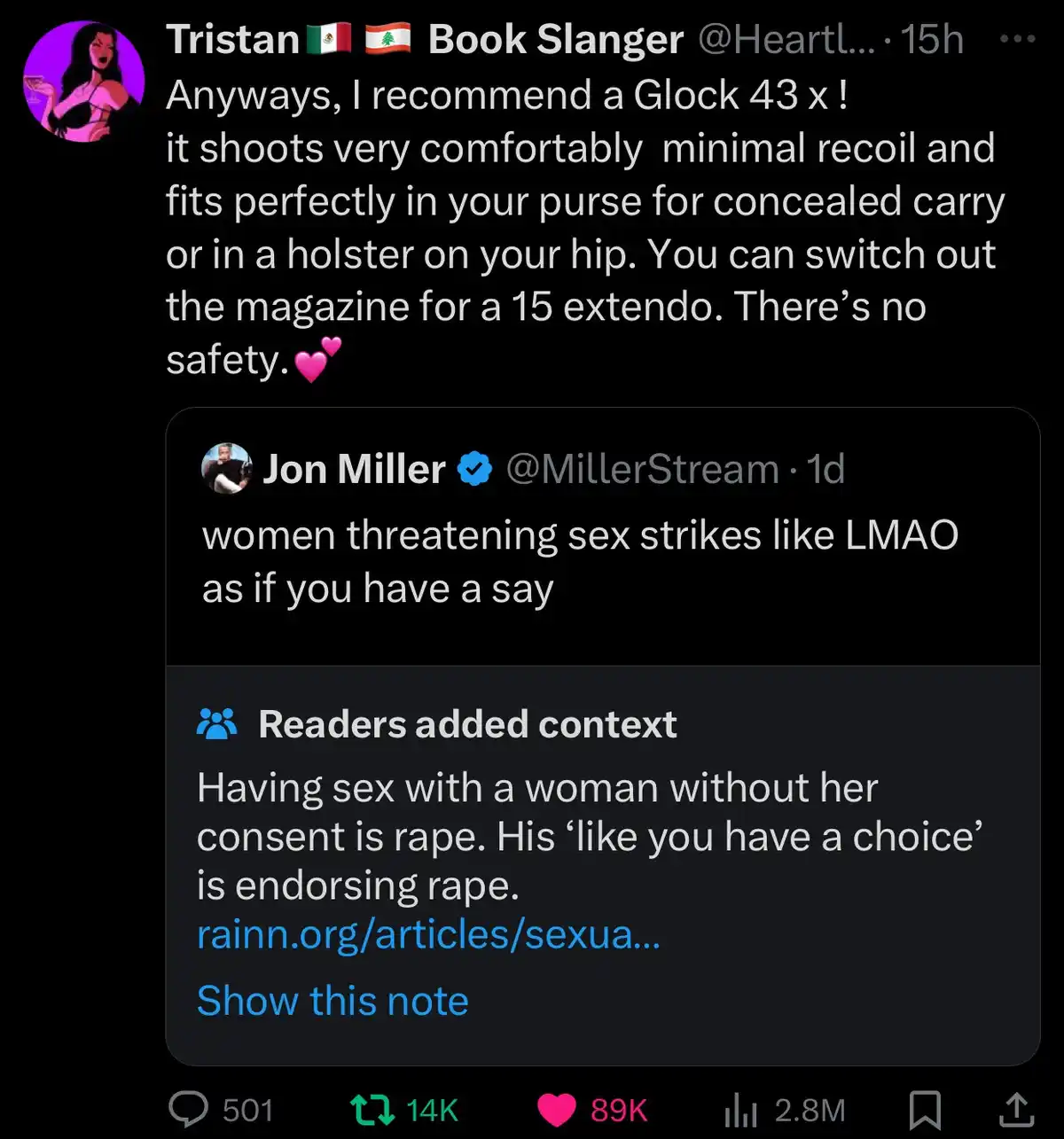A screenshot of a Twitter thread shows a user named Tristan recommending a Glock 43x handgun for concealed carry…