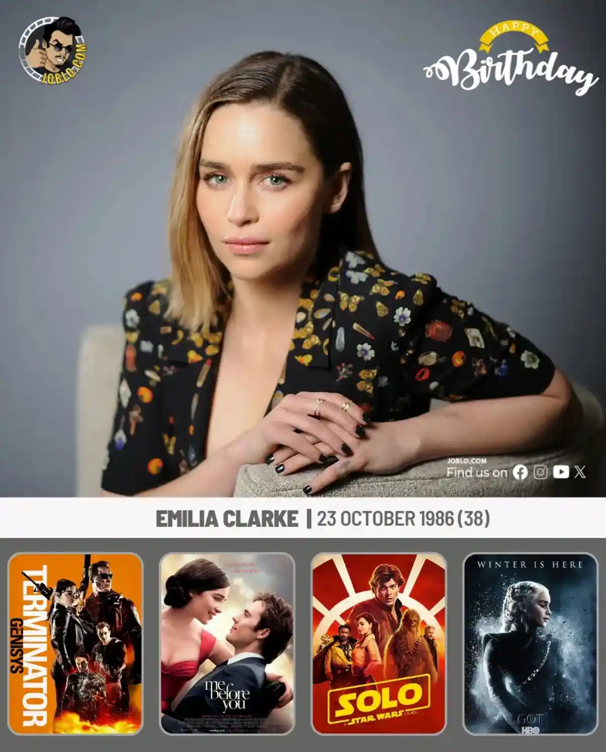 A birthday greeting image for actress Emilia Clarke, featuring her portrait above four movie posters: Terminator Genisys, Me…