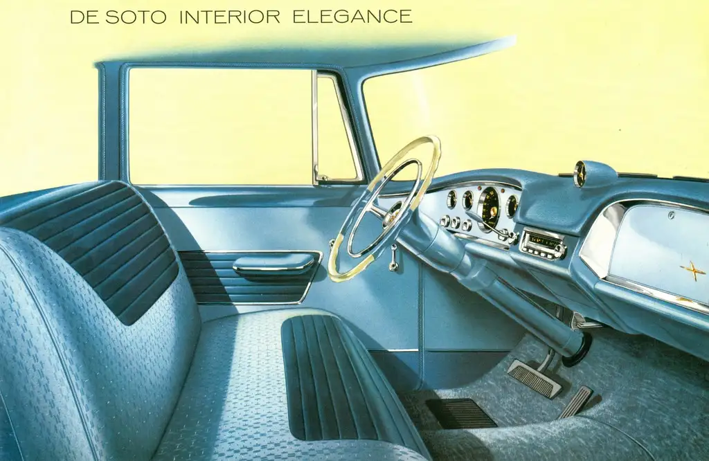 A vintage advertisement image showcasing the blue interior of a De Soto car, featuring a detailed view of the driver's seat…
