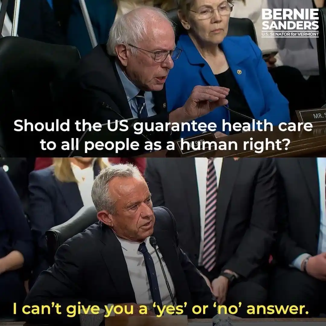 The image is a two-panel meme. The top panel shows Bernie Sanders speaking at a congressional hearing, with text overlay…