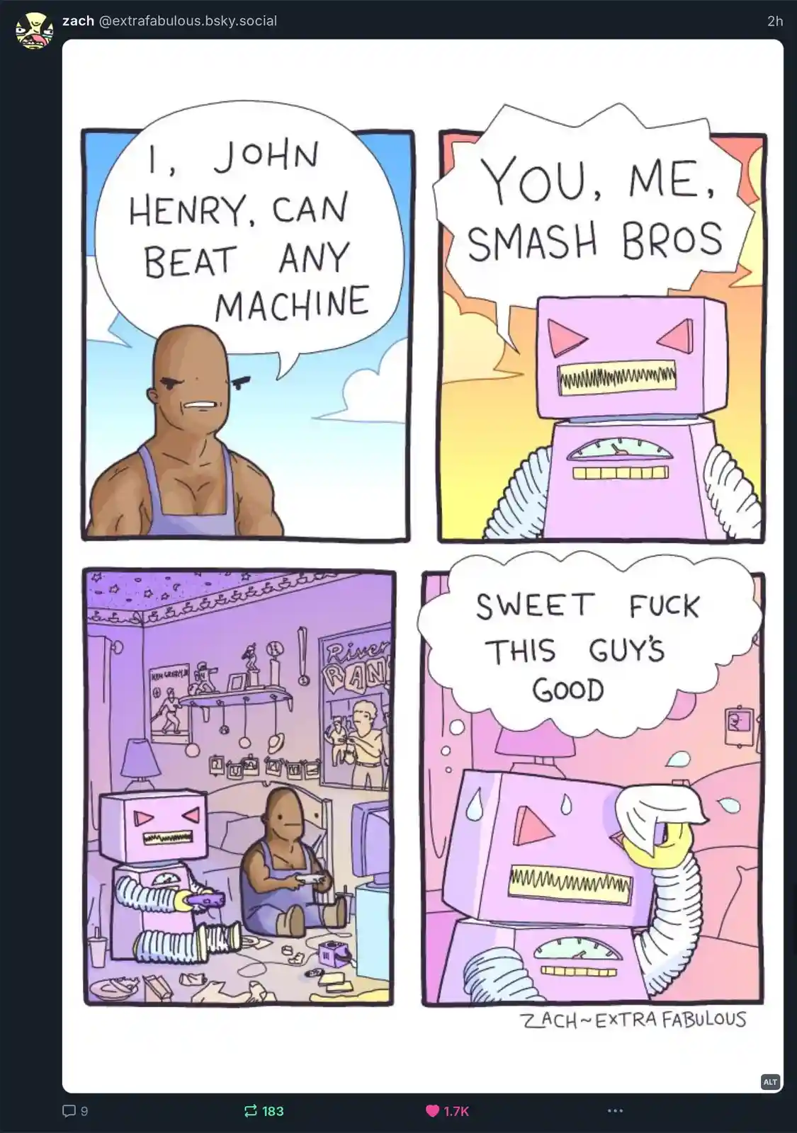 A four-panel comic strip shows a muscular man declaring he can beat any machine, followed by a pink robot agreeing to a…