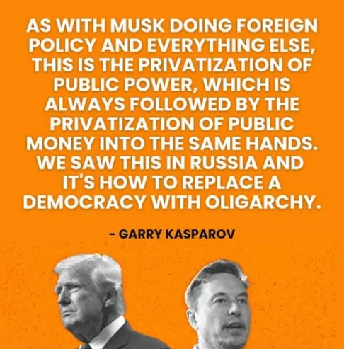 An orange background features black-and-white portraits of Donald Trump and Elon Musk side by side. Overlaid white text…