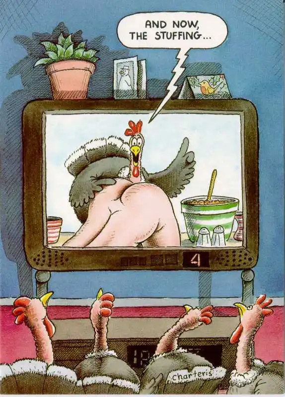 A cartoon depicts several turkeys watching a TV show where a turkey on screen is shown from behind, revealing its bare rear…