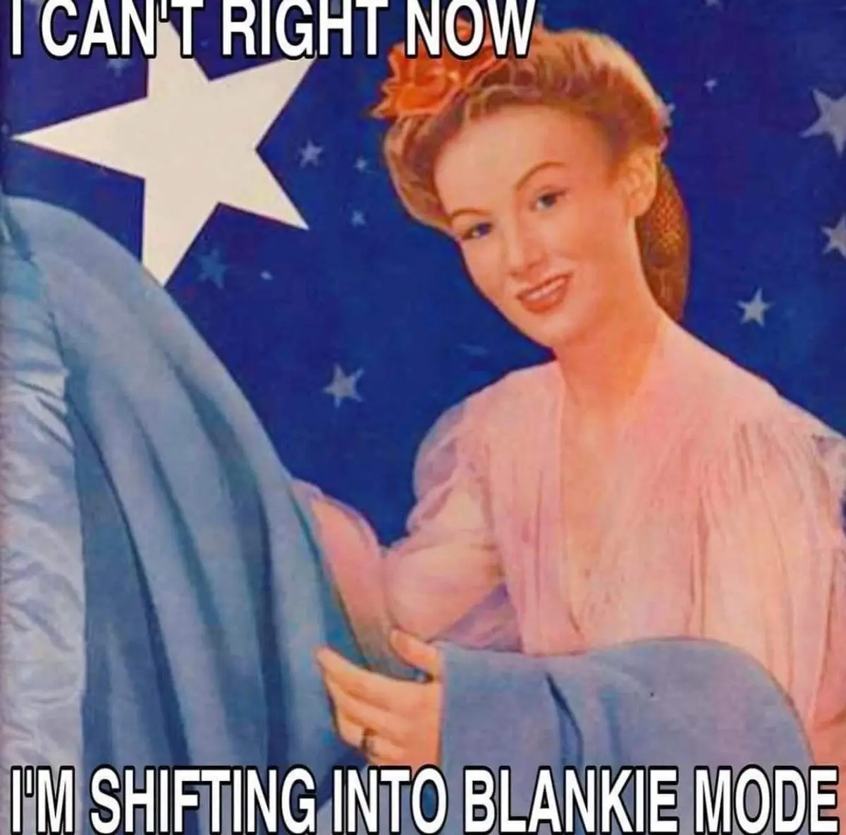 A vintage-style illustration shows a smiling woman in a pink nightgown holding a large blue blanket against a starry night…