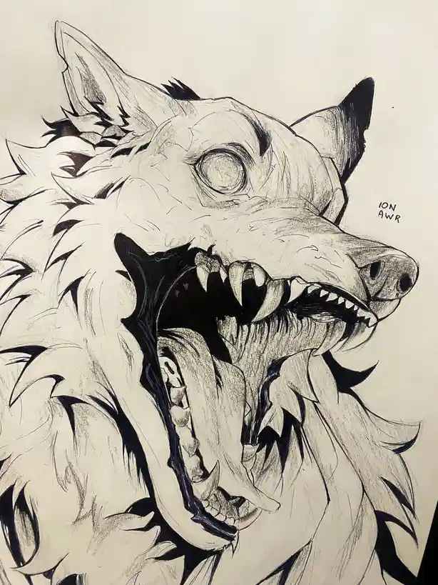 A black-and-white pencil drawing of a snarling wolf with sharp teeth and intense eyes, its mouth wide open revealing a…