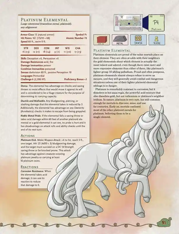 A Dungeons & Dragons monster manual page for a 'Platinum Elemental' features a silver, horse-like elemental with a long…