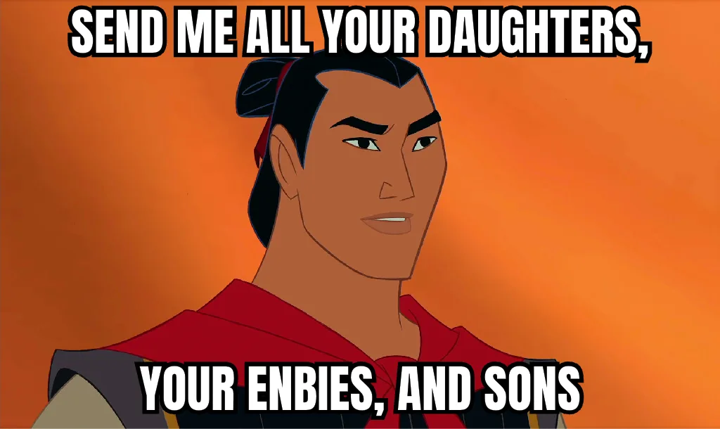 The image features a close-up of the animated character Mulan from Disney's 'Mulan', shown with a confident, slightly smug…