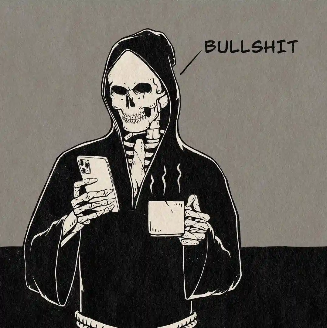 A skeletal figure in a black hooded robe, resembling death, holds a smartphone in one hand and a steaming mug in the other…