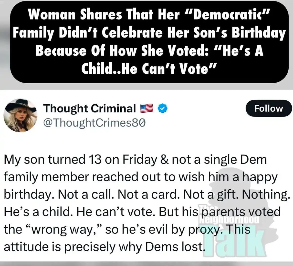 A screenshot of a tweet from 'Thought Criminal' (@ThoughtCrimes80) with a black banner at the top containing white text. The…