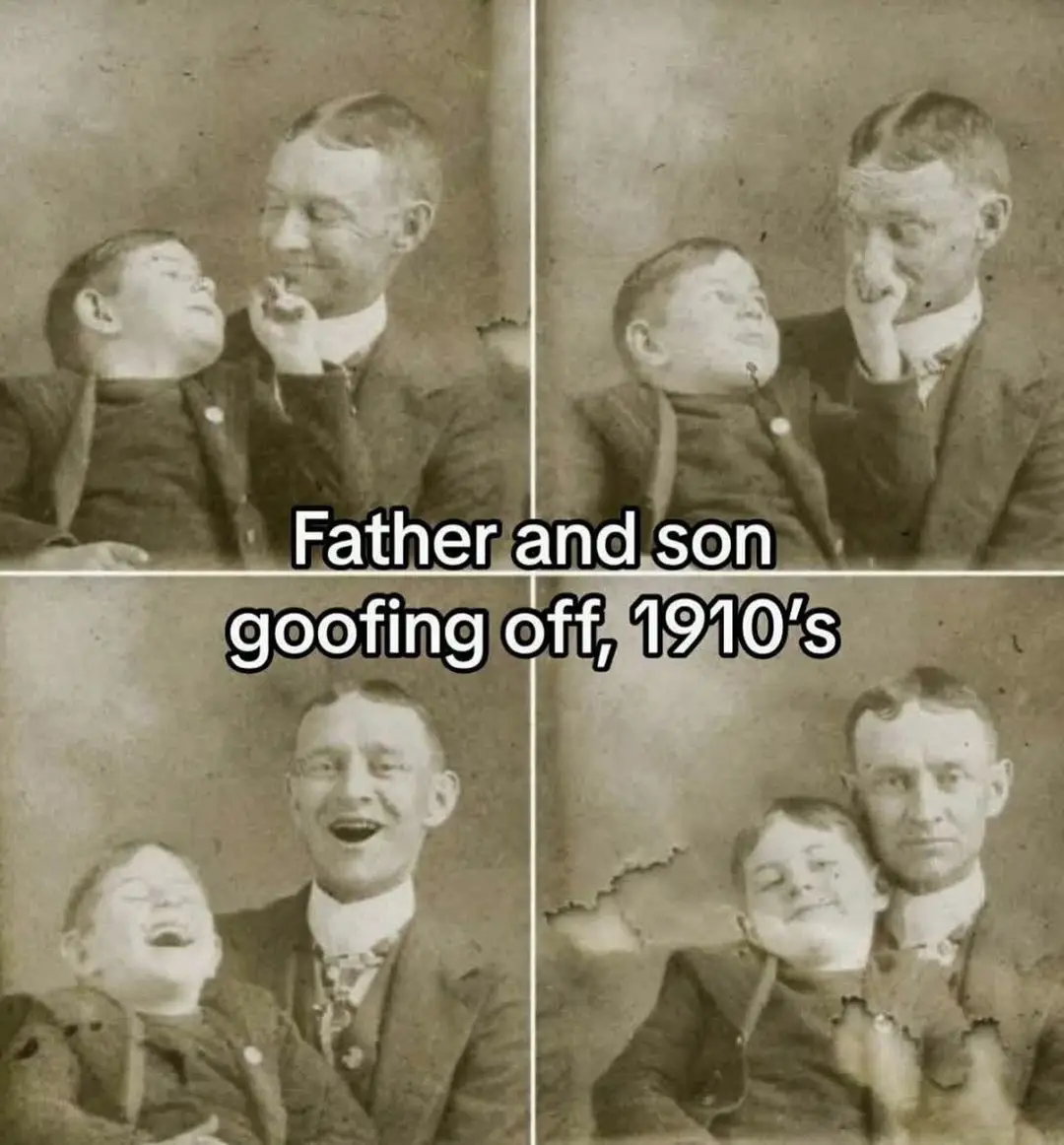 A four-panel sepia-toned vintage photo shows a father and son posing in different playful ways across the 1910s. In each…