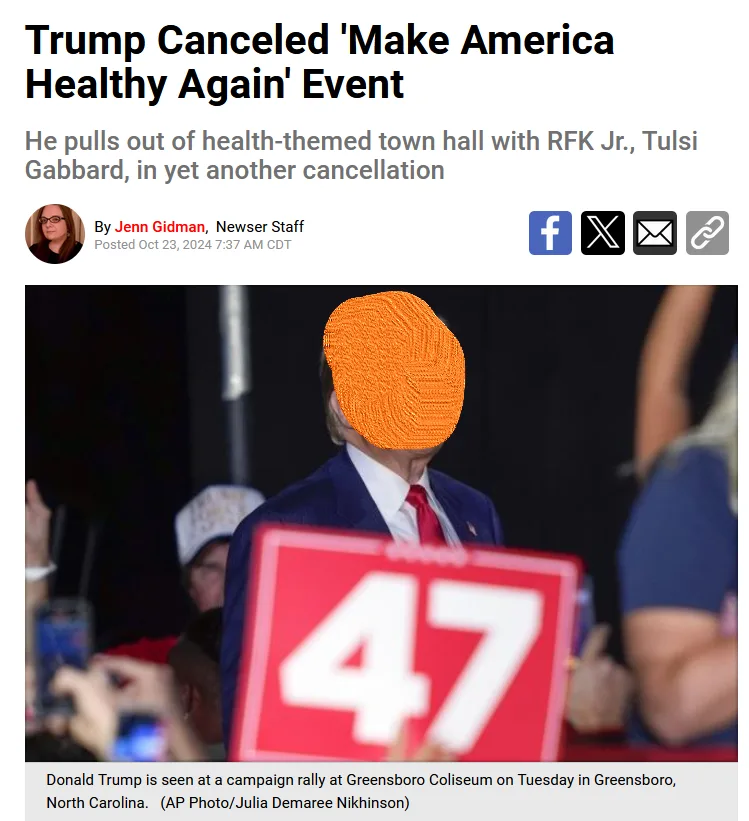 A news article screenshot shows a photo of Donald Trump with his face obscured by an orange, textured, knitted hat. In front…