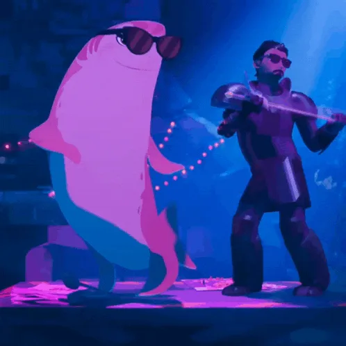 A grid of six panels shows a stylized animated scene with a large pink shark wearing sunglasses standing beside a human-like…