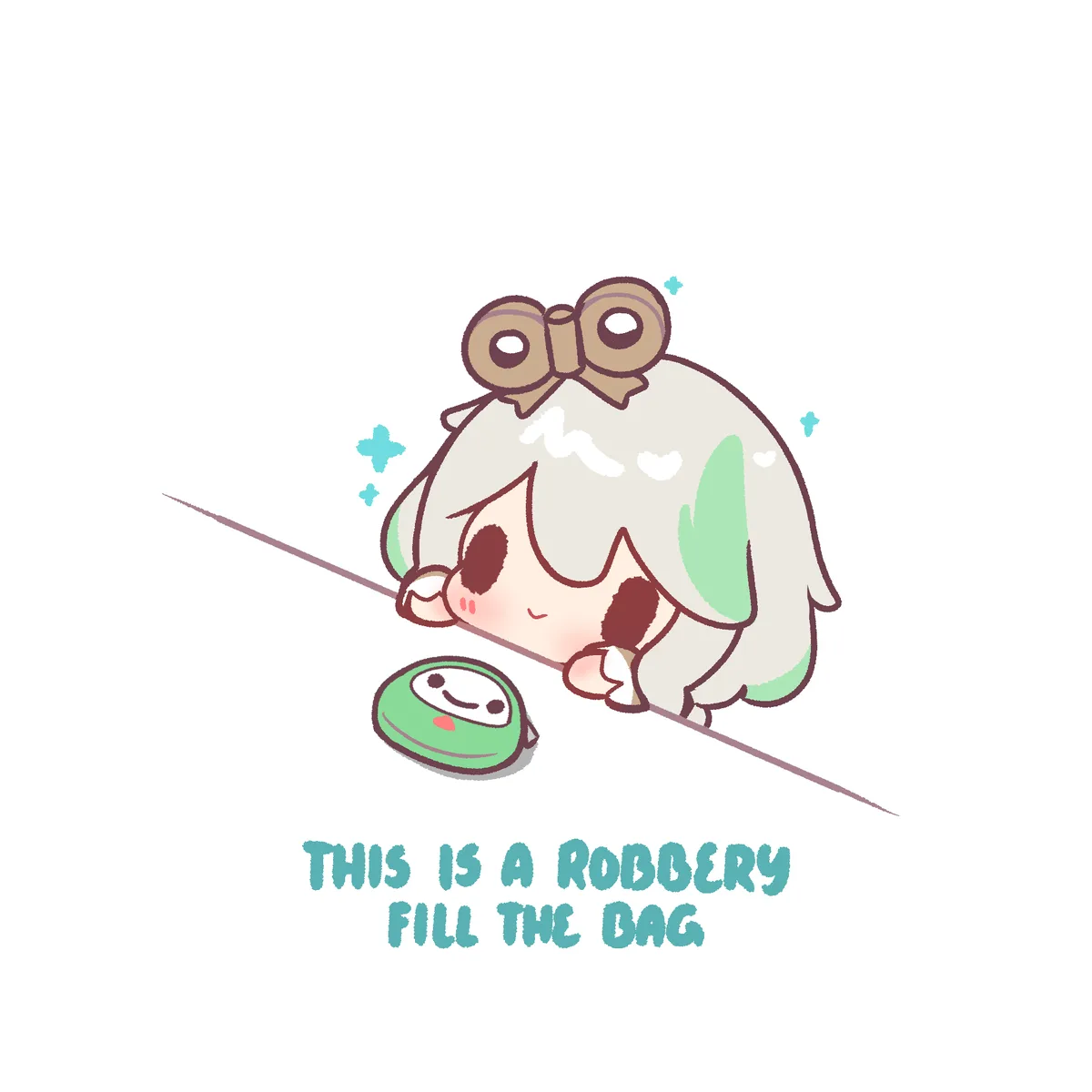 A cute, chibi-style character with light gray hair, a brown bow, and green highlights is crouching behind a diagonal line…