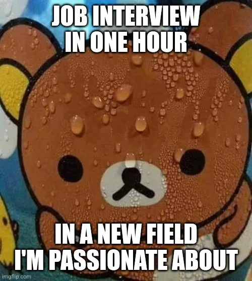 A close-up of a cartoon bear with a distressed, sweaty expression, covered in water droplets, conveying panic or anxiety…