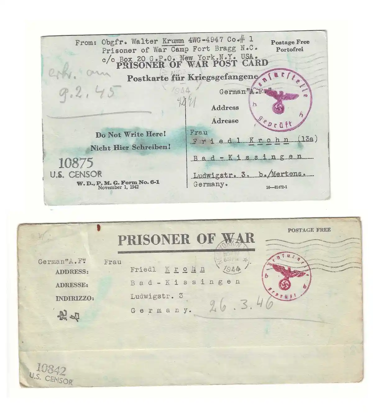 Two World War II-era prisoner-of-war postcards and envelopes show a German prisoner, Walter Krumm, sending letters to his…