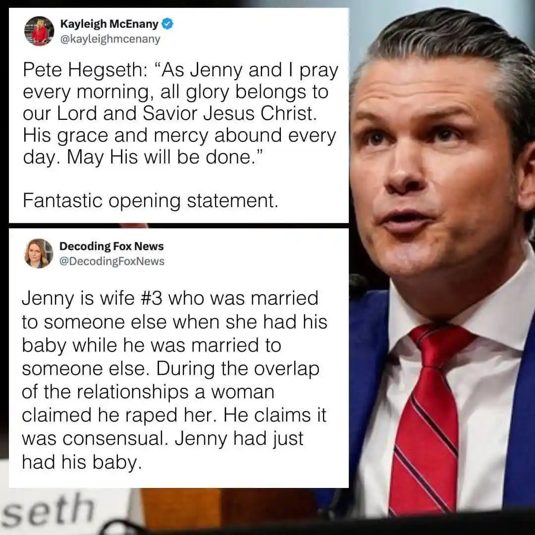 The image shows a close-up of Pete Hegseth speaking, with two overlaid Twitter posts. The top post from Kayleigh McEnany…
