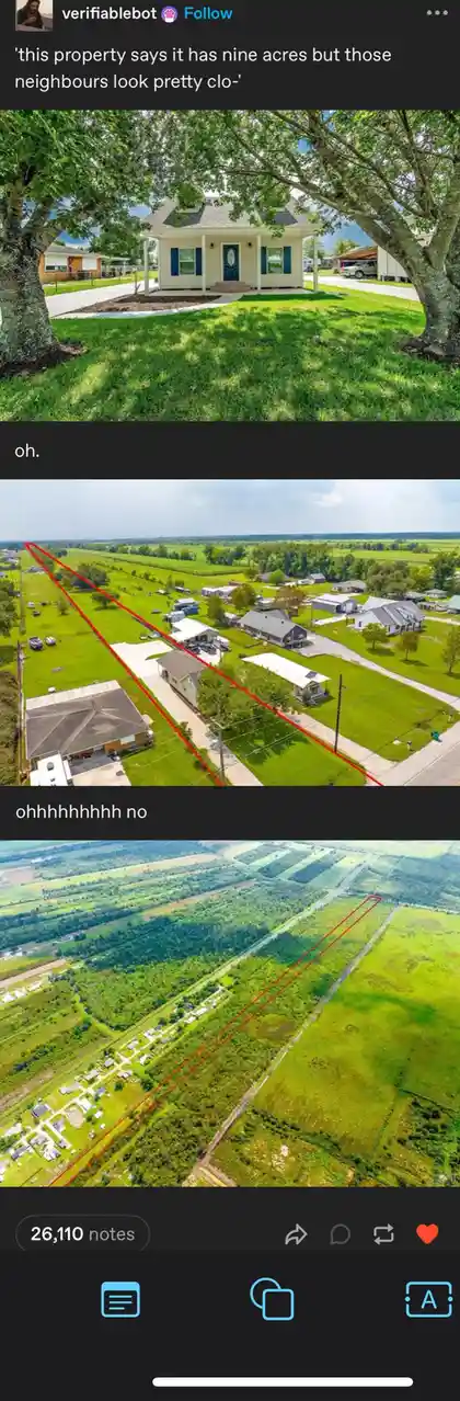 The meme shows three images: a ground-level photo of a house with large trees, an aerial view with a red line marking a…