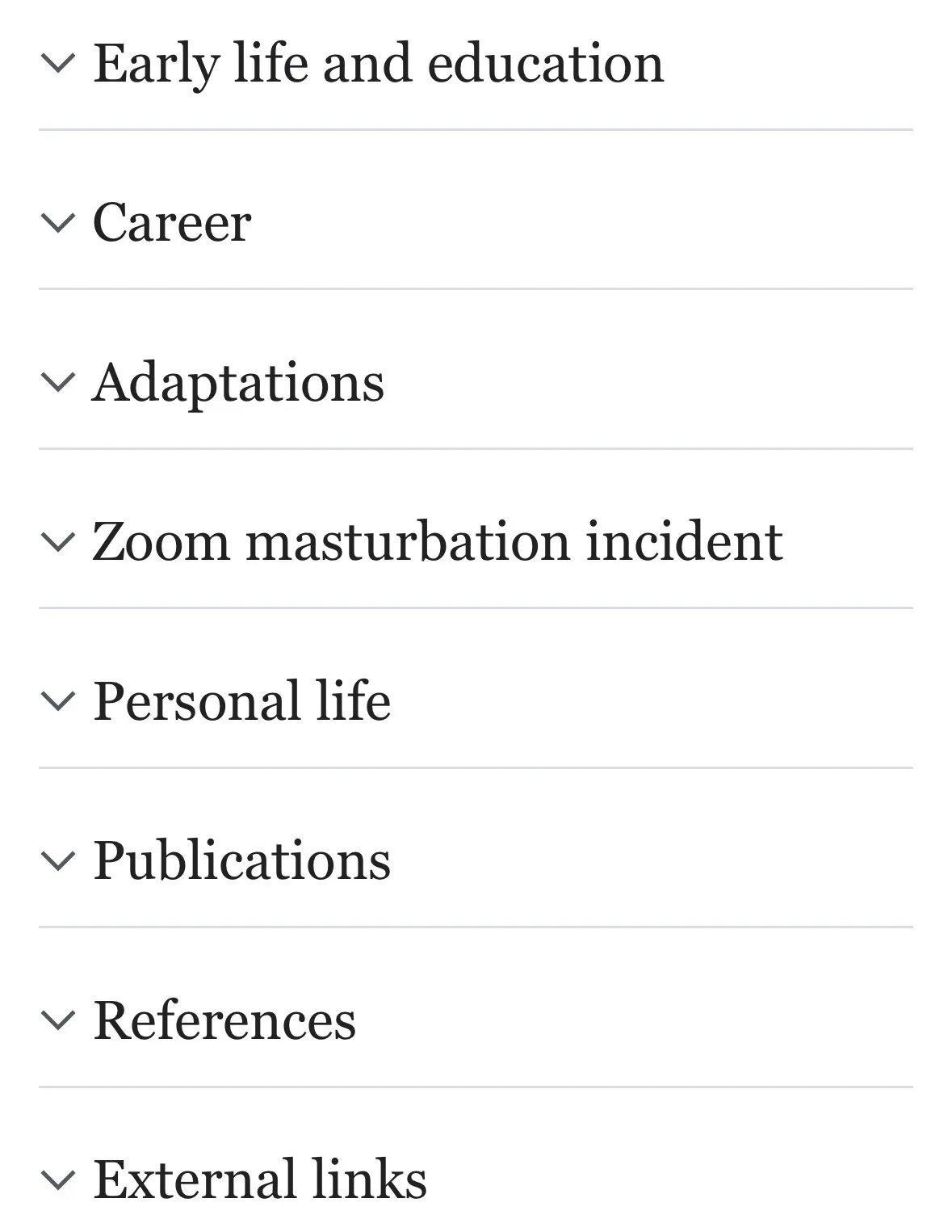 A screenshot of a Wikipedia-style table of contents with expandable sections, including 'Early life and education'…