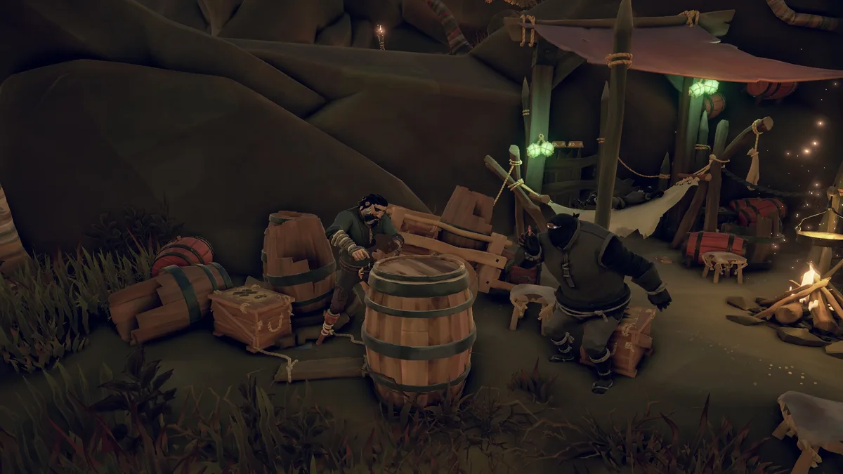 In a dimly lit, cluttered pirate camp with wooden barrels, crates, and a campfire, one pirate in a green shirt is opening a…