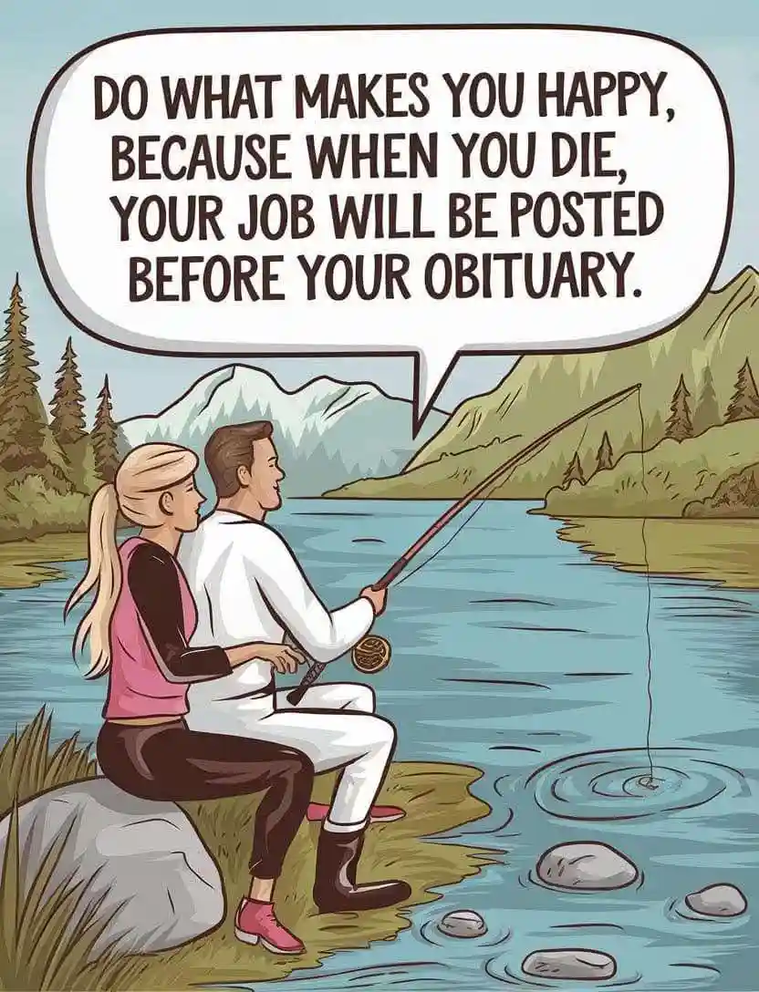 A cartoon depicts a man and woman sitting together on a riverbank, fishing, with mountains and trees in the background. A…