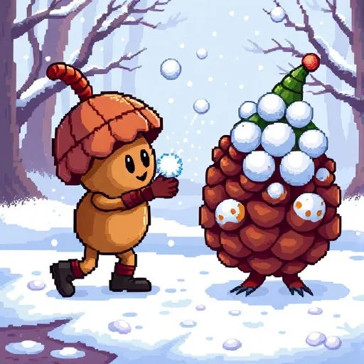 A pixel-art character wearing a brown acorn hat and boots throws a snowball at a large, anthropomorphic pinecone wearing a…