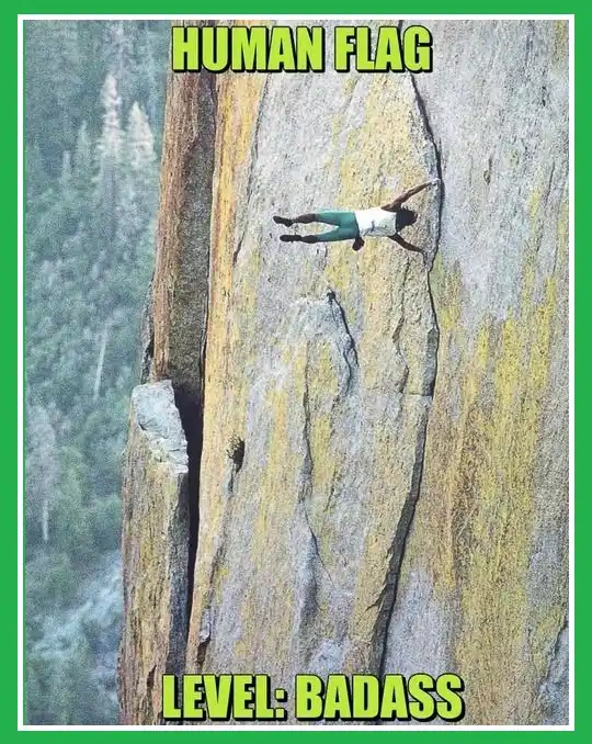 A person is horizontally suspended against a sheer rock face, appearing to hold themselves up with one arm while their legs…