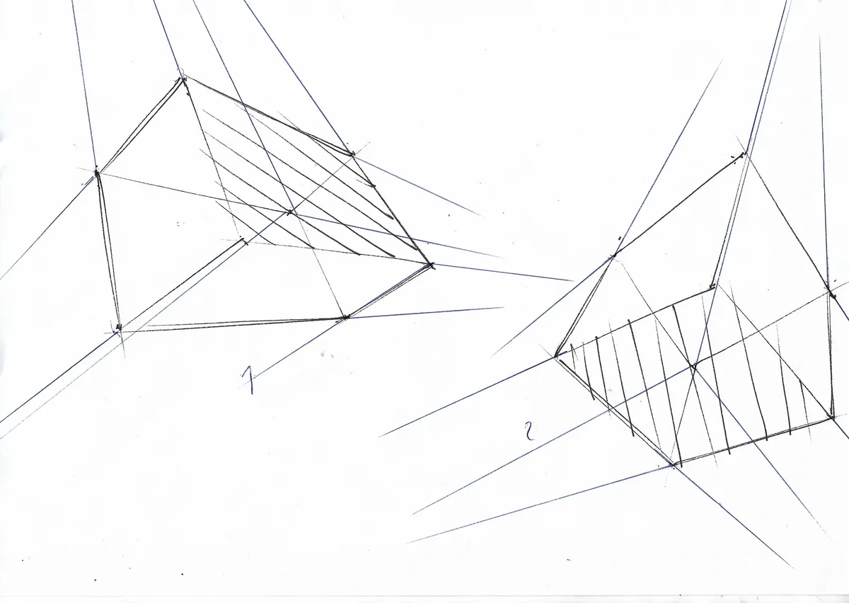 A hand-drawn image on white paper shows two abstract geometric shapes, each constructed with intersecting black and blue…