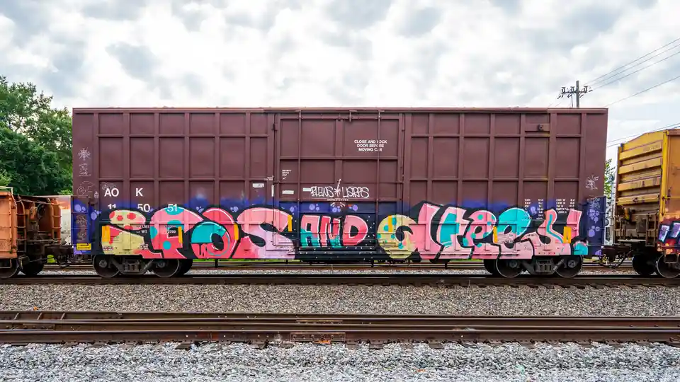 A brown freight train car covered in colorful graffiti with the words 'sos and coffee' painted in large, stylized letters…