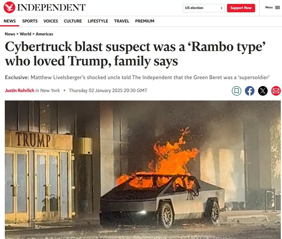 A screenshot of a news article from The Independent shows a burning Tesla Cybertruck parked outside a building with a…