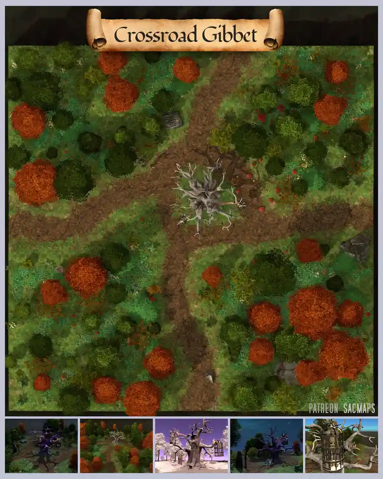 An overhead fantasy map titled 'Crossroad Gibbet' shows a central gnarled tree at the intersection of four dirt paths…