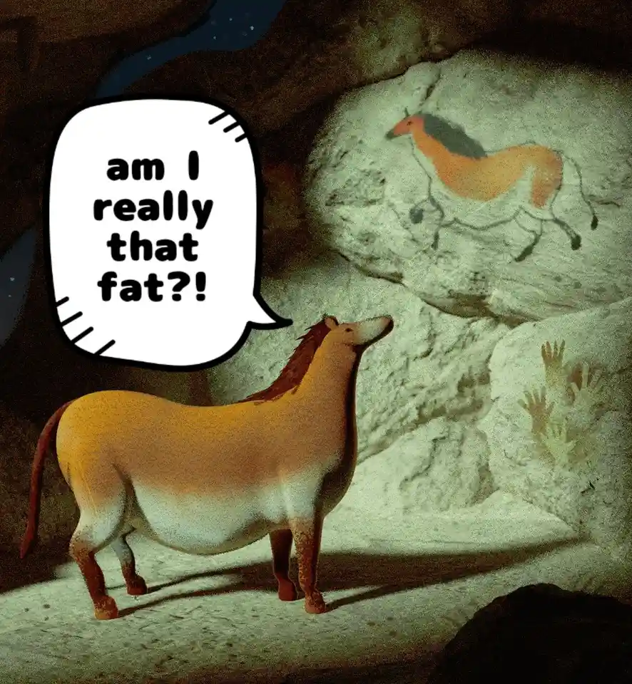A cartoonish, plump horse stands in a cave, looking up at a prehistoric rock painting of a leaner horse. The horse has a…