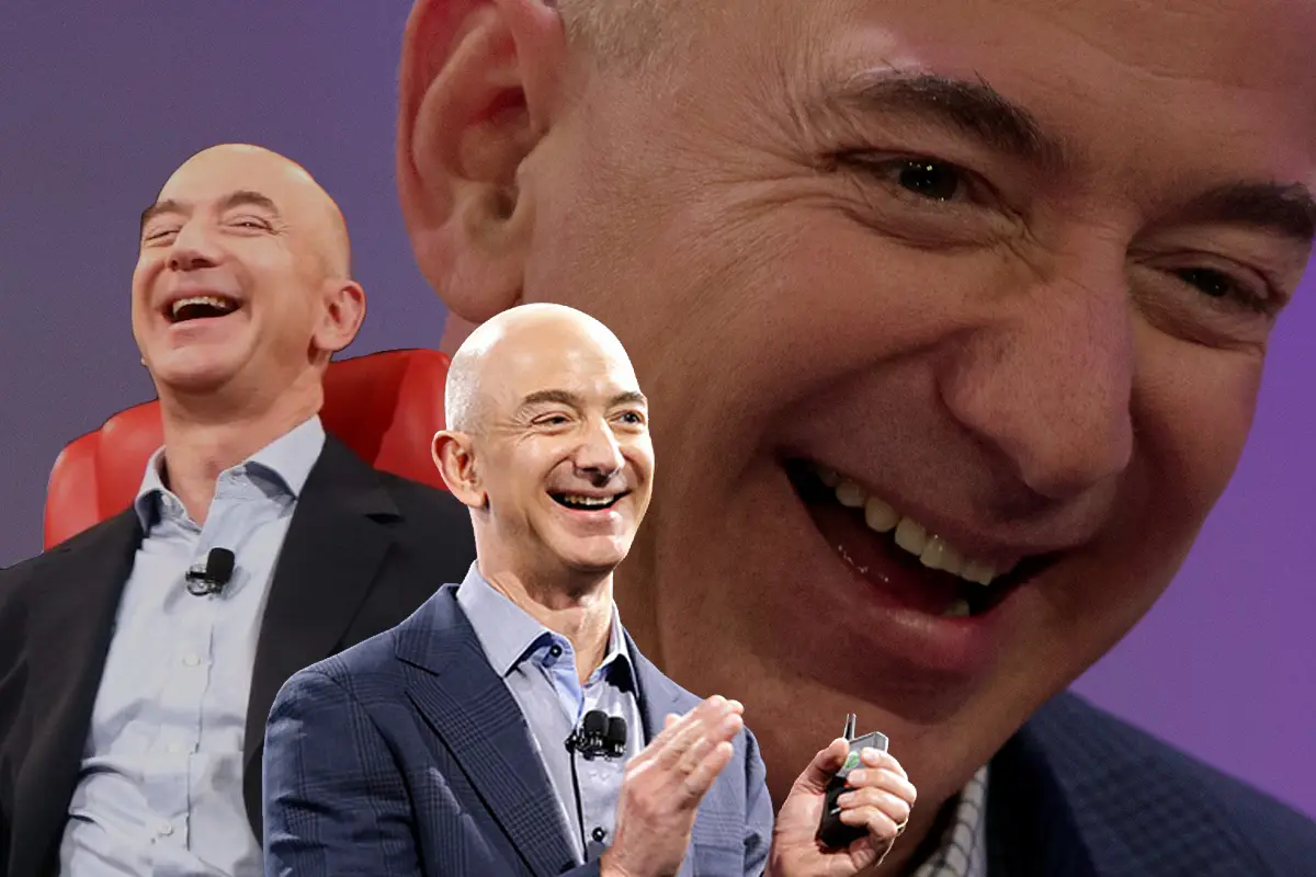 The image is a collage featuring multiple photos of Jeff Bezos, including a large close-up of his smiling face, a photo of…