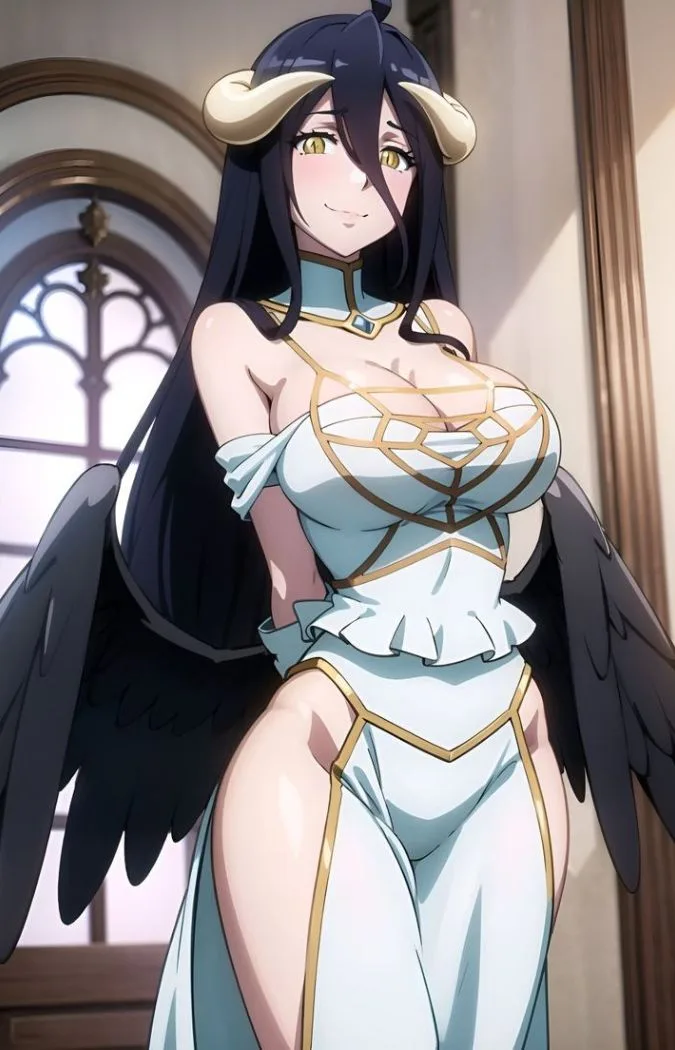 An anime-style illustration of a woman with long black hair, small horns, and large black wings, wearing a revealing light…