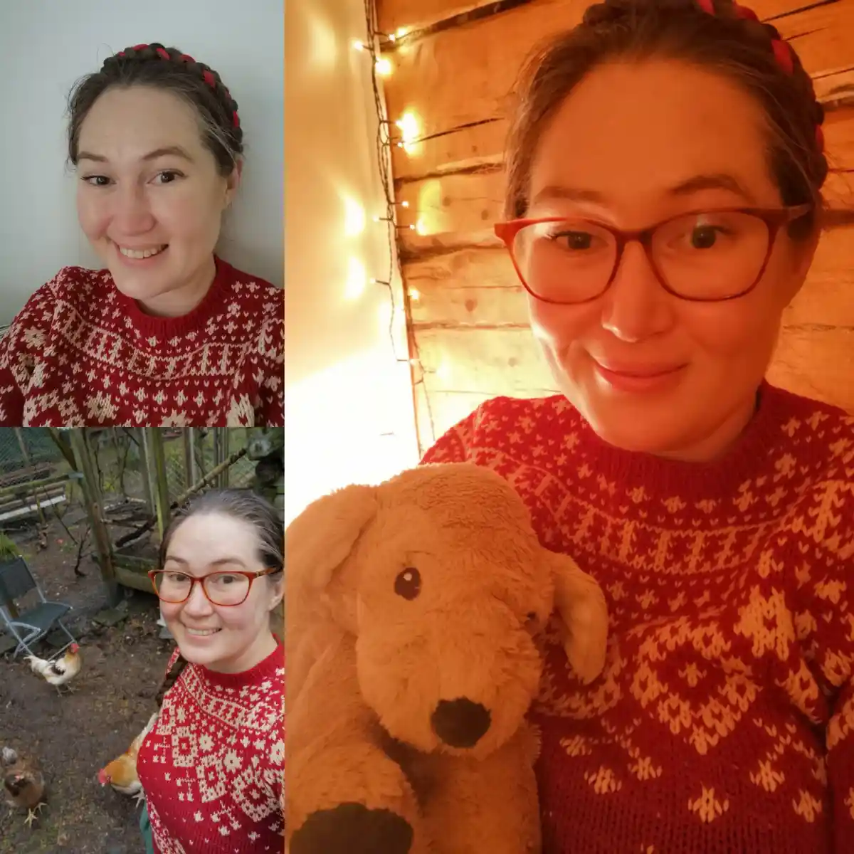 A split-screen image shows a woman in a red patterned sweater in three different settings: smiling indoors, smiling outdoors…