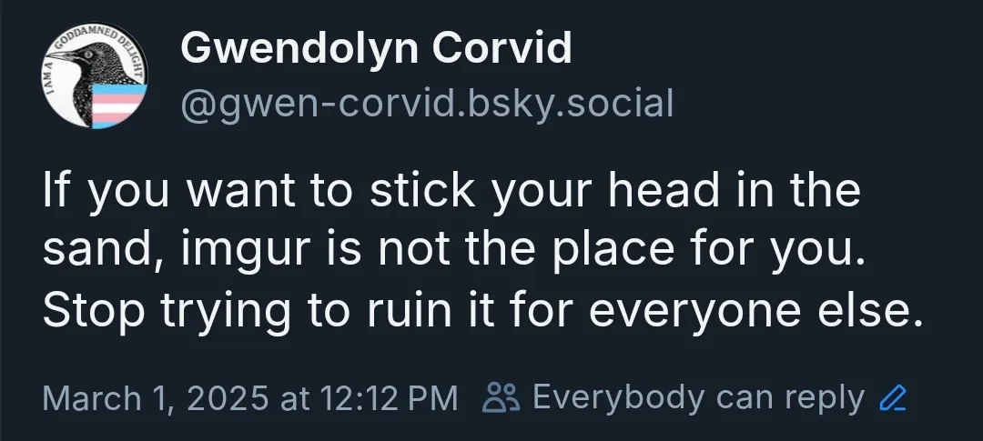 A screenshot of a Bluesky social media post by user Gwendolyn Corvid, featuring a circular profile picture of a bird with a…