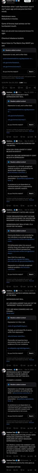 A screenshot of a Twitter/X thread by Andrew Tate showing his escalating denial of depression's reality, with each post…