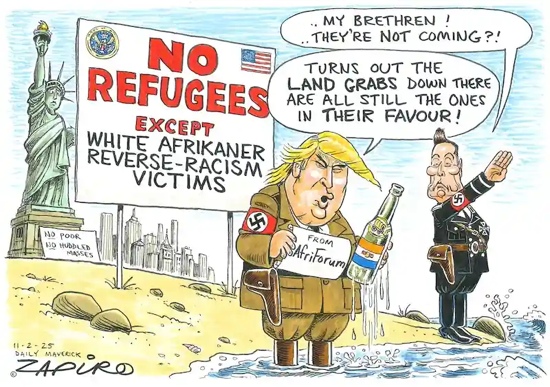 A cartoon depicts two caricatured men in Nazi-style uniforms standing in shallow water near the Statue of Liberty. One holds…