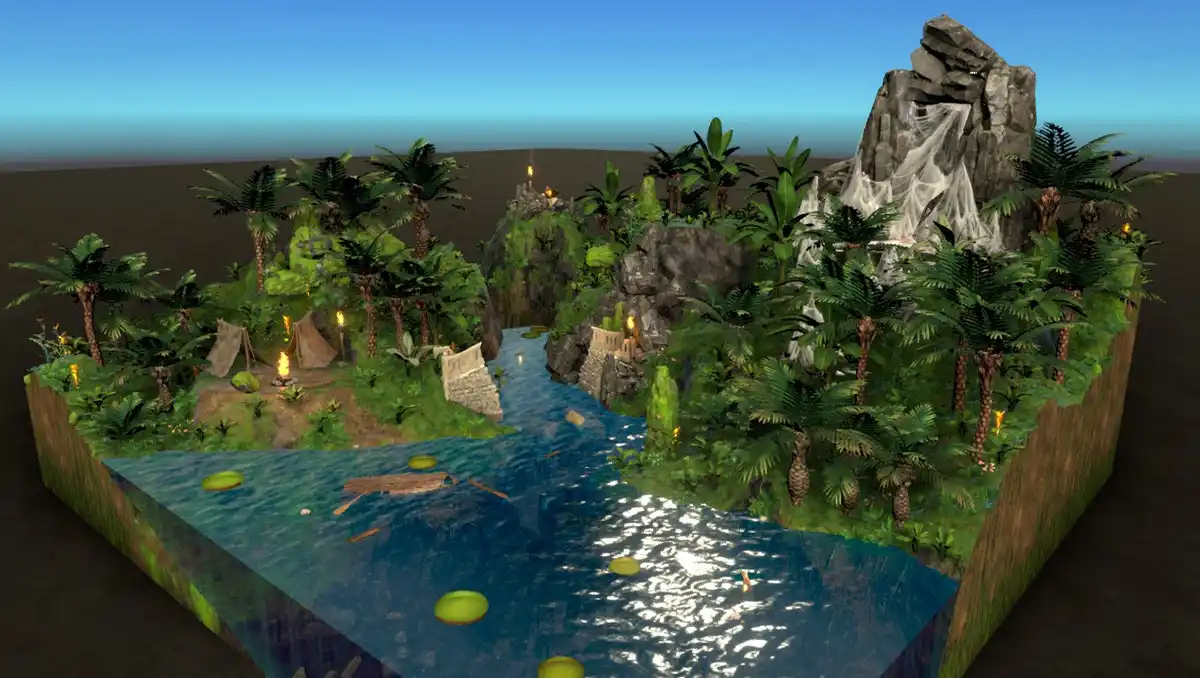 a 3d-rendered jungle island with lush greenery, palm trees, and a waterfall cascading down a rocky cliff. A small campfire…