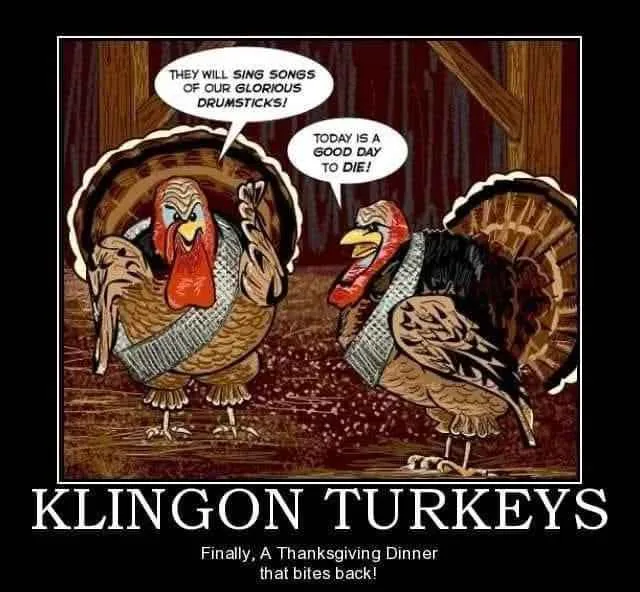 Two cartoon turkeys wearing Klingon-style armor stand in a barn, one declaring they will sing songs of their glorious…