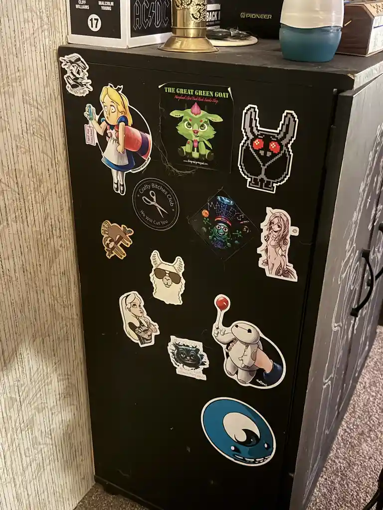 A black refrigerator door is covered in numerous colorful stickers featuring various characters and designs, including Alice…