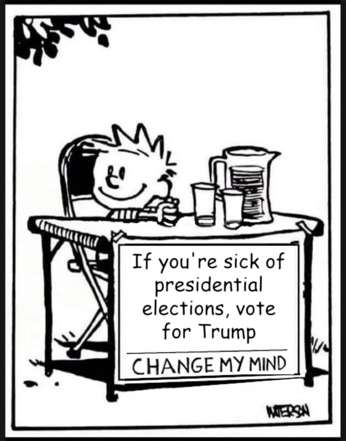 A black-and-white cartoon depicts a smiling child sitting at a table with a pitcher and glasses, holding a sign that reads…