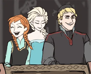 six panels show the animated characters anna, elsa, and kristoff sitting side by side at a table, all smiling and laughing…