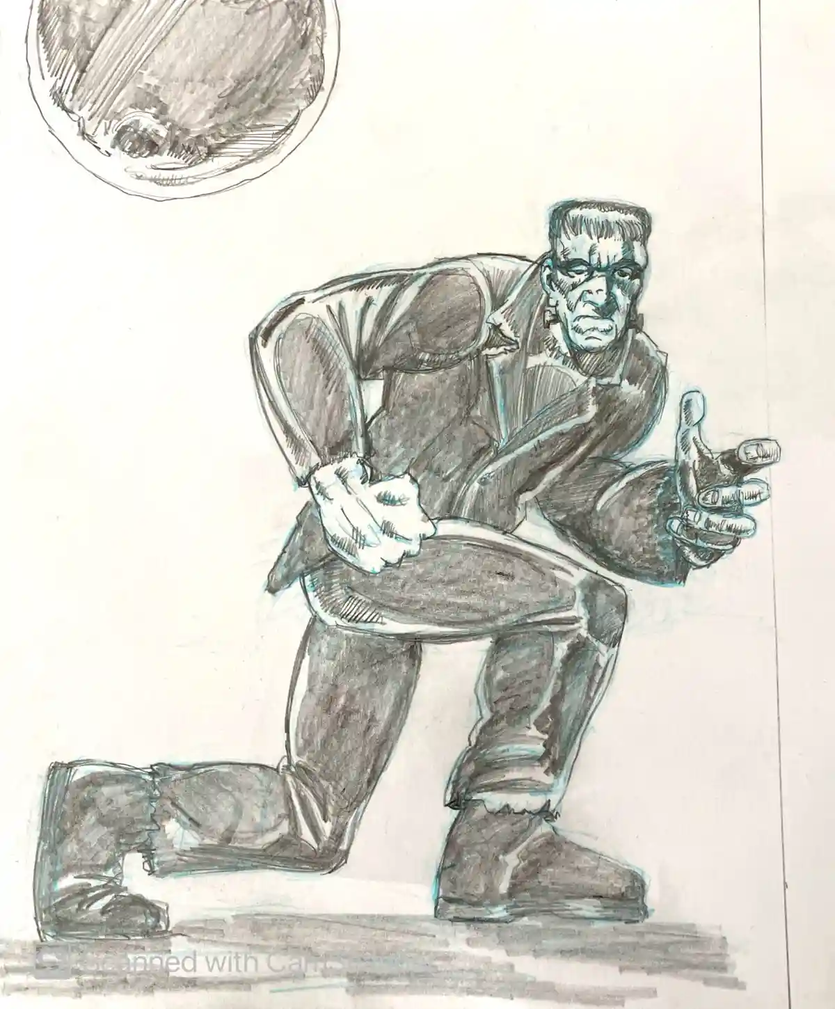 A pencil sketch depicts a muscular, Frankenstein-like figure kneeling on one knee with a stern expression, one hand clenched…