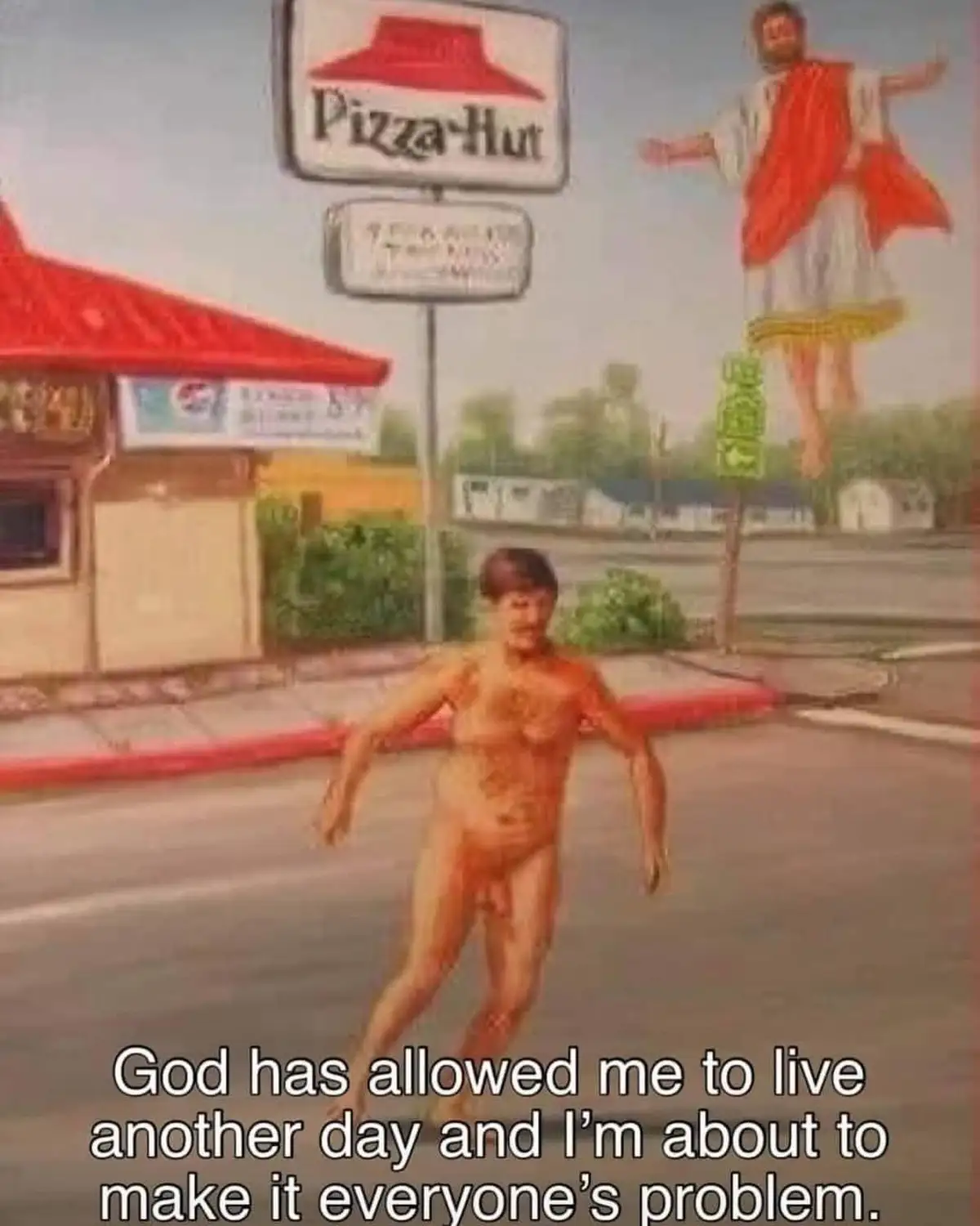 A man covered in pizza sauce stands in front of a Pizza Hut restaurant, with a large statue of Jesus floating above him. The…