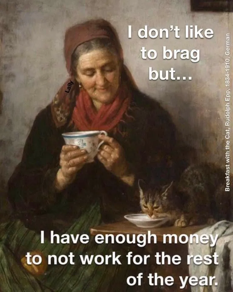 A classical painting depicts a woman in traditional attire holding a teacup, with a cat eating from a saucer beside her. The…
