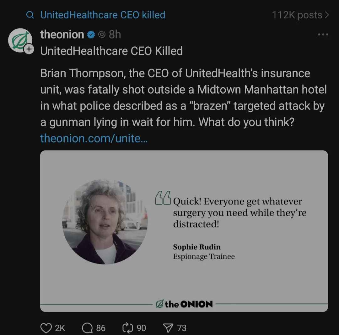 A screenshot of a The Onion article titled 'UnitedHealthcare CEO Killed' shows a fake quote attributed to 'Sophie Rudin…